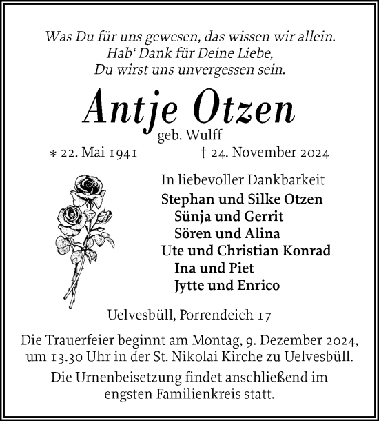 Traueranzeige von Antje Otzen von Husumer Nachrichten, Nordfriesland Tageblatt