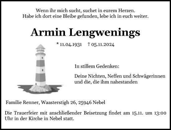 Traueranzeige von Armin Lengwenings von Der Insel-Bote