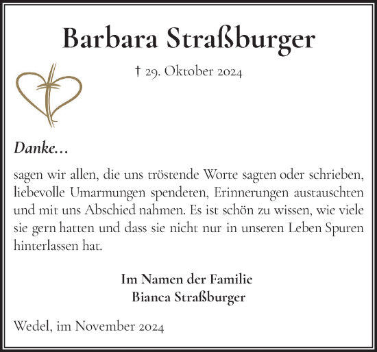 Traueranzeige von Barbara Straßburger von Wedel-Schulauer Tageblatt, tip Wedel-Schulauer Tageblatt, tip Rissener Rundschau