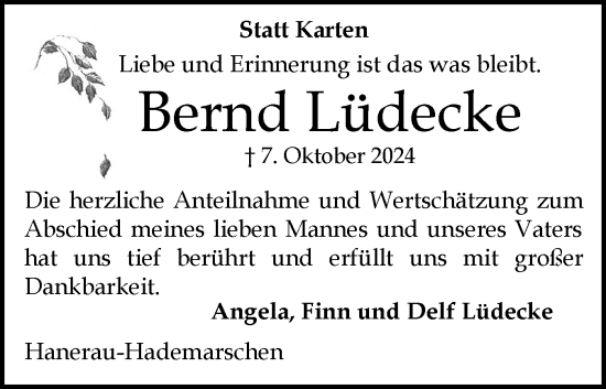 Traueranzeige von Bernd Lüdecke von Schleswig-Holsteinische Landeszeitung