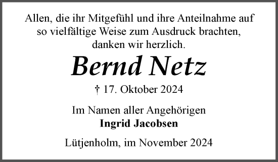 Traueranzeige von Bernd Netz von Husumer Nachrichten, Nordfriesland Tageblatt