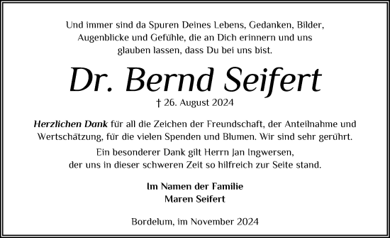 Traueranzeige von Bernd Seifert von Husumer Nachrichten, Nordfriesland Tageblatt
