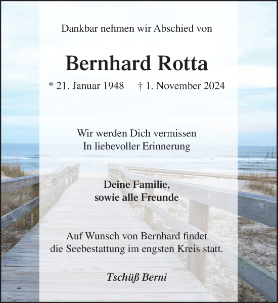 Traueranzeige von Bernhard Rotta von Stormaner Tageblatt
