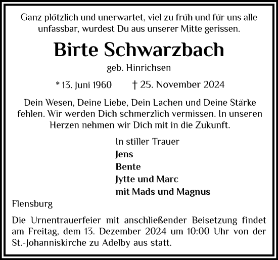 Traueranzeige von Birte Schwarzbach von Flensburger Tageblatt