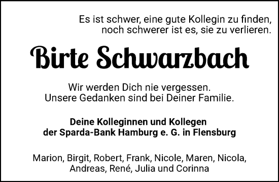 Traueranzeige von Birte Schwarzbach von Flensburger Tageblatt