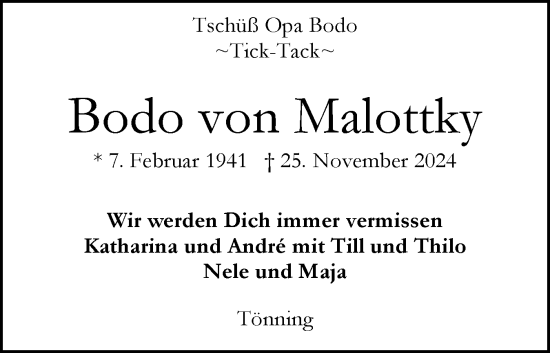 Traueranzeige von Bodo von Malottky von Husumer Nachrichten, Nordfriesland Tageblatt