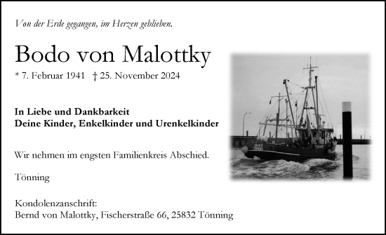 Traueranzeige von Bodo von Malottky von Husumer Nachrichten, Nordfriesland Tageblatt