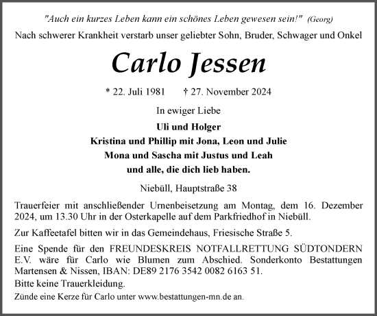 Traueranzeige von Carlo Jessen von Husumer Nachrichten, Nordfriesland Tageblatt