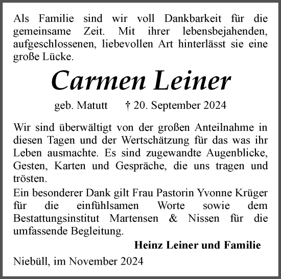 Traueranzeige von Carmen Leiner von Region Westküste