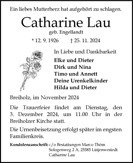 Traueranzeige von Catharine Lau von Schleswig-Holsteinische Landeszeitung