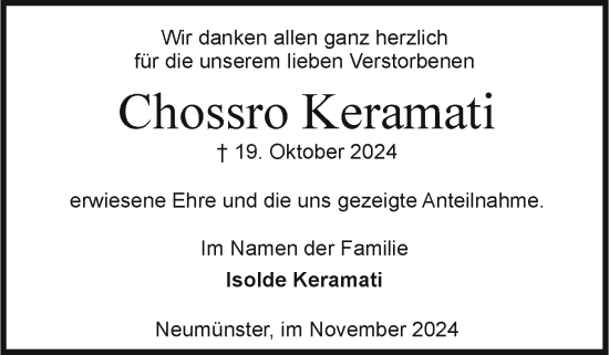 Traueranzeige von Chossro Keramati von Holsteinischer Courier