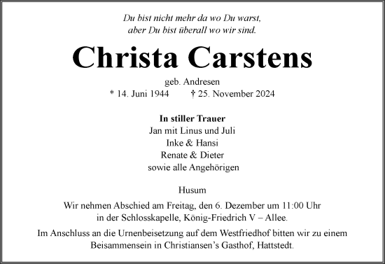 Traueranzeige von Christa Carstens von Husumer Nachrichten, Nordfriesland Tageblatt