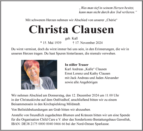 Traueranzeige von Christa Clausen von Husumer Nachrichten, Nordfriesland Tageblatt