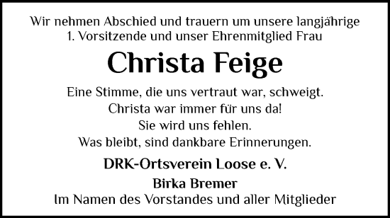 Traueranzeige von Christa Feige von Eckernförder Zeitung, Hallo Eckernförde