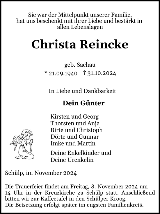 Traueranzeige von Christa Reincke von Schleswig-Holsteinische Landeszeitung