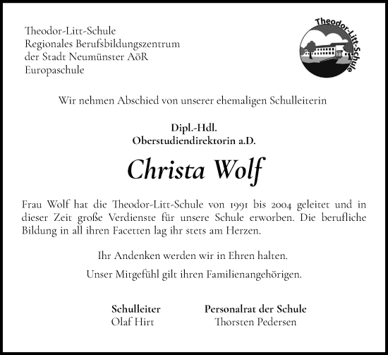 Traueranzeige von Christa Wolf von Holsteinischer Courier