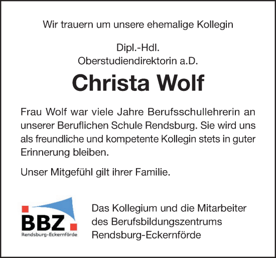 Traueranzeige von Christa Wolf von Schleswig-Holsteinische Landeszeitung