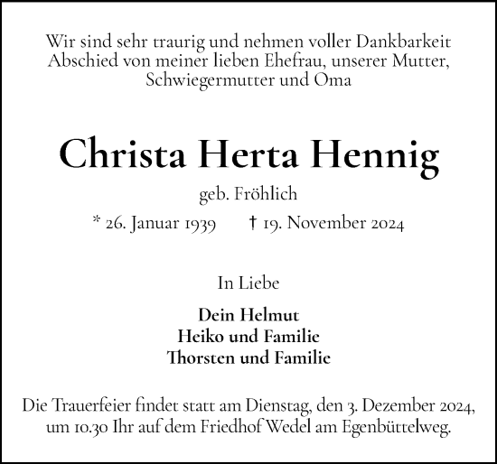 Traueranzeige von Christa Herta Hennig von Wedel-Schulauer Tageblatt, tip Wedel-Schulauer Tageblatt, tip Rissener Rundschau