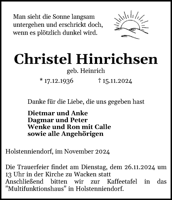 Traueranzeige von Christel Hinrichsen von Norddeutsche Rundschau, Wilstersche Zeitung, Glückstädter Fortuna