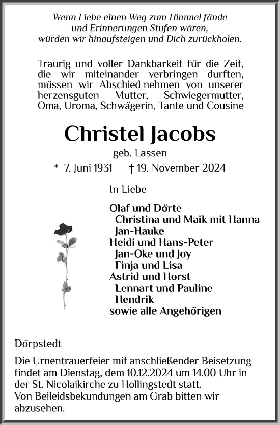 Traueranzeige von Christel Jacobs von Schleswiger Nachrichten, Schlei-Bote