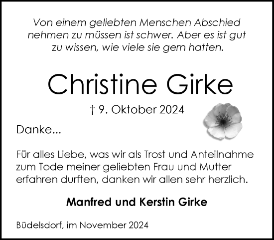 Traueranzeige von Christine Girke von Schleswig-Holsteinische Landeszeitung