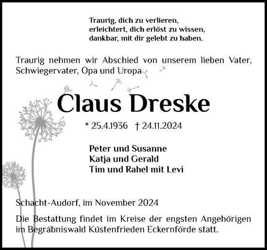 Traueranzeige von Claus Dreske von Schleswig-Holsteinische Landeszeitung