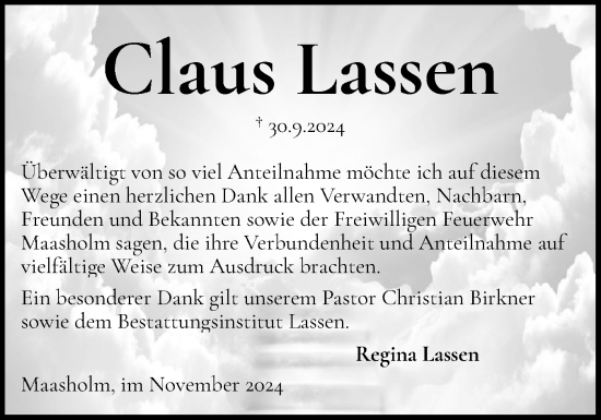 Traueranzeige von Claus Lassen von Schleswiger Nachrichten, Schlei-Bote