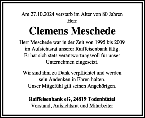 Traueranzeige von Clemens Meschede von Schleswig-Holsteinische Landeszeitung