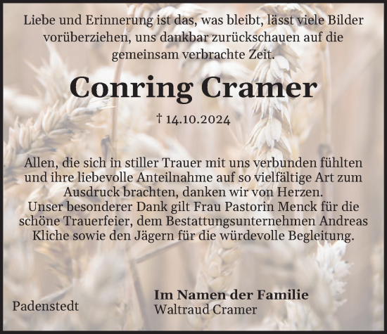 Traueranzeige von Conring Cramer von Holsteinischer Courier