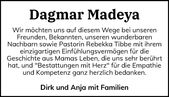 Traueranzeige von Dagmar Madeya von Flensburger Tageblatt