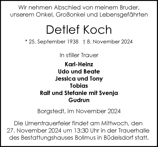 Traueranzeige von Detlef Koch von Schleswig-Holsteinische Landeszeitung