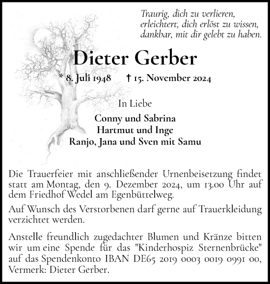Traueranzeige von Dieter Gerber von Wedel-Schulauer Tageblatt, tip Wedel-Schulauer Tageblatt, tip Rissener Rundschau