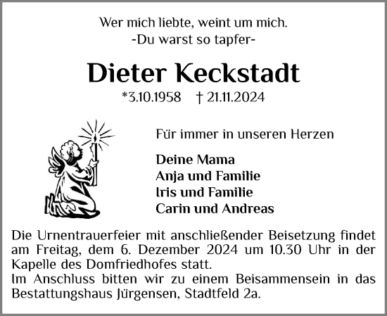 Traueranzeige von Dieter Keckstadt von Schleswiger Nachrichten, Schlei-Bote