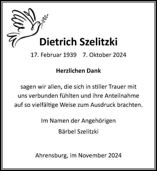 Traueranzeige von Dietrich Szelitzki von Stormaner Tageblatt