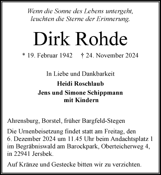 Traueranzeige von Dirk Rohde von Stormaner Tageblatt