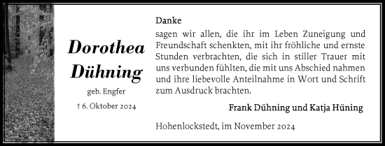 Traueranzeige von Dorothea Dühning von Norddeutsche Rundschau, Wilstersche Zeitung, Glückstädter Fortuna