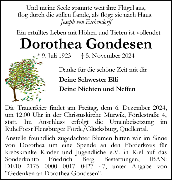 Traueranzeige von Dorothea Gondesen von Flensburger Tageblatt