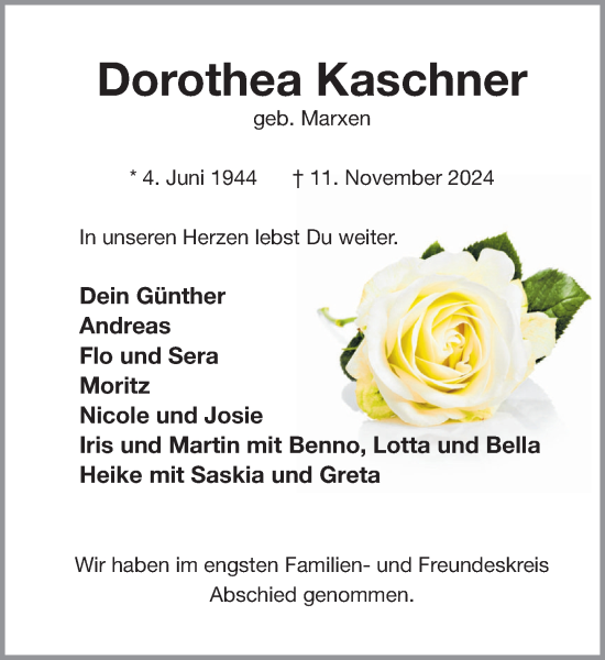Traueranzeige von Dorothea Kaschner von Stormaner Tageblatt