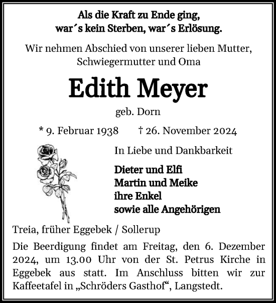 Traueranzeige von Edith Meyer von Flensburger Tageblatt, Schleswiger Nachrichten, Schlei-Bote