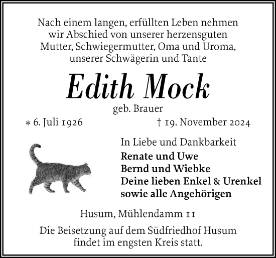 Traueranzeige von Edith Mock von Husumer Nachrichten, Nordfriesland Tageblatt