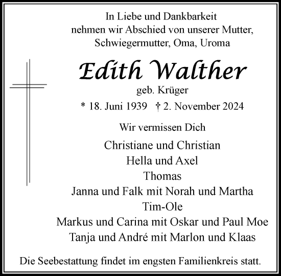 Traueranzeige von Edith Walther von Stormaner Tageblatt