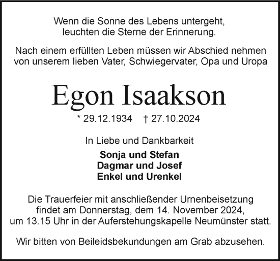 Traueranzeige von Egon Isaakson von Holsteinischer Courier