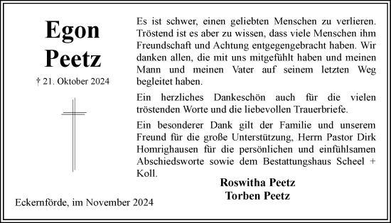 Traueranzeige von Egon Peetz von Eckernförder Zeitung, Hallo Eckernförde