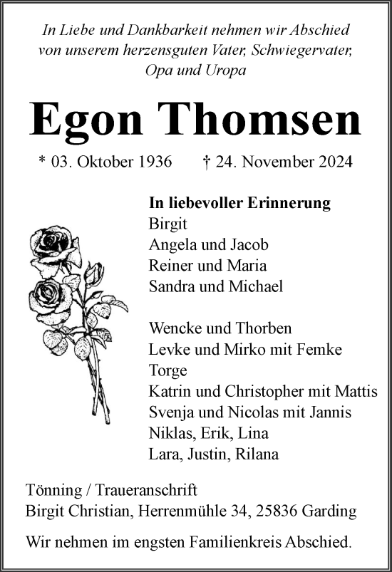 Traueranzeige von Egon Thomsen von Husumer Nachrichten, Nordfriesland Tageblatt