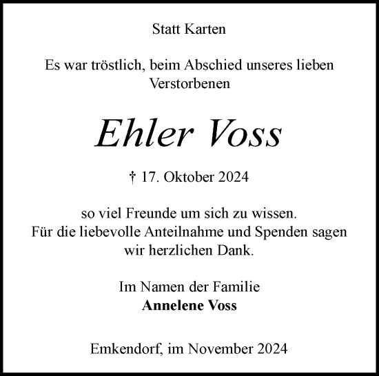 Traueranzeige von Ehler Voss von Schleswig-Holsteinische Landeszeitung