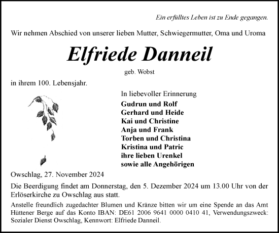 Traueranzeige von Elfriede Danneil von Schleswig-Holsteinische Landeszeitung
