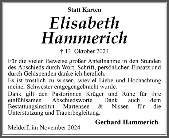 Traueranzeige von Elisabeth Hammerich von Husumer Nachrichten, Nordfriesland Tageblatt