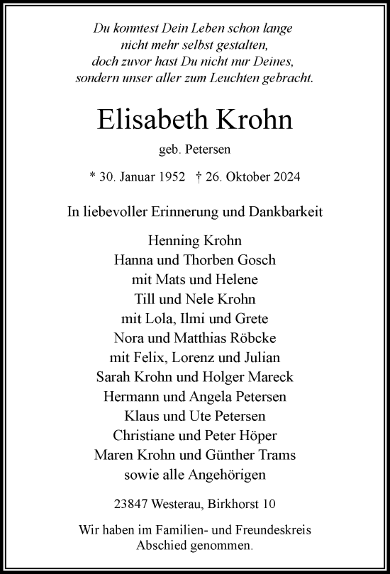 Traueranzeige von Elisabeth Krohn von Stormaner Tageblatt