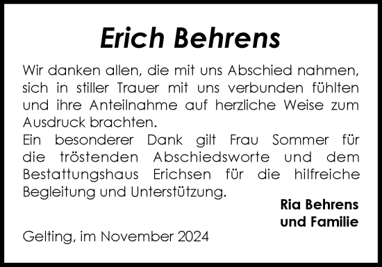 Traueranzeige von Erich Behrens von Flensburger Tageblatt