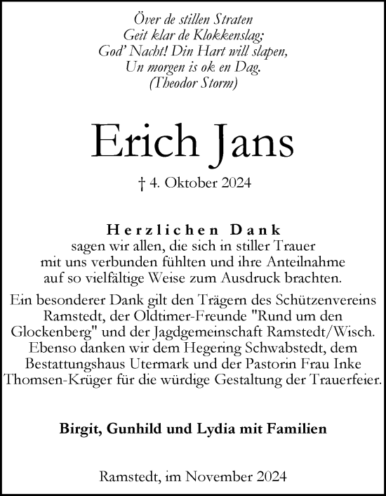 Traueranzeige von Erich Jans von Husumer Nachrichten, Nordfriesland Tageblatt